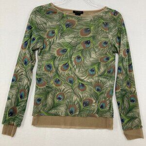 Vintage The Limited Small Green Tan Peacock Nylon Mesh Layered Fitted Top Y2K